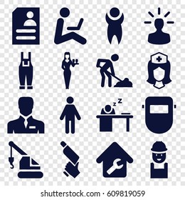 Worker icons set. set of 16 worker filled icons such as Casino girl, worker, crane, nail gun, digging man, welder mask, gardener jumpsuit, resume, nurse, businessman