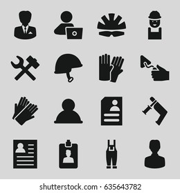Worker icons set. set of 16 worker filled icons such as glove, gloves, man with laptop, worker, nail gun, trowel, gardener jumpsuit, resume, helmet, clipboard, businessman