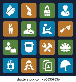 Worker icons set. set of 16 worker filled icons such as casino girl, gloves, maid, resume, trowel, hummer and wrench, nail gun, welder mask, gardener jumpsuit, nurse