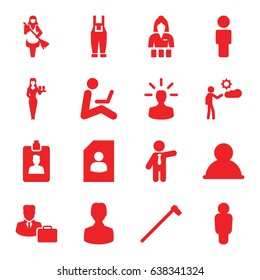 Worker icons set. set of 16 worker filled icons such as casino girl, maid, businessman, garden hammer, gardener jumpsuit, man, clipboard, male consultant   with case