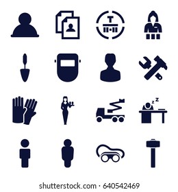 Worker icons set. set of 16 worker filled icons such as glove, casino girl, resume, hummer and wrench, crane, welding glasses, welder mask, trowel, garden hammer