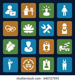Worker icons set. set of 16 worker filled icons such as casino girl, gloves, man with laptop, worker, hummer and wrench, crane, welding glasses, gardener jumpsuit, nurse