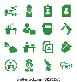 Worker icons set. set of 16 worker filled icons such as gloves, resume, worker, crane, nail gun, trowel, welding glasses, welder mask, cargo terminal, nurse, clipboard