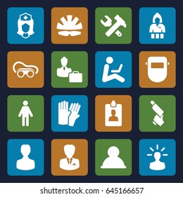 Worker icons set. set of 16 worker filled icons such as glove, casino girl, hummer and wrench, nail gun, welding glasses, welder mask, nurse, clipboard