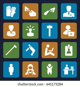 Worker icons set. set of 16 worker filled icons such as glove, maid, man with laptop, trowel, nail gun, garden hammer, businessman, clipboard, man working at the table