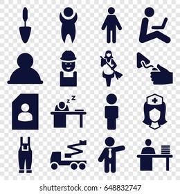 Worker icons set. set of 16 worker filled icons such as maid, businessman, worker, crane, trowel, gardener jumpsuit, nurse, man working at the table, man sleeping on table