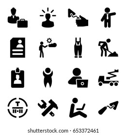 Worker icons set. set of 16 worker filled icons such as businessman, man with laptop, trowel, hummer and wrench, crane, digging man, gardener jumpsuit, resume, cargo terminal