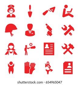 Worker icons set. set of 16 worker filled icons such as glove, maid, trowel, hummer and wrench, nail gun, resume, man, helmet, nurse, businessman, man sitting with laptop