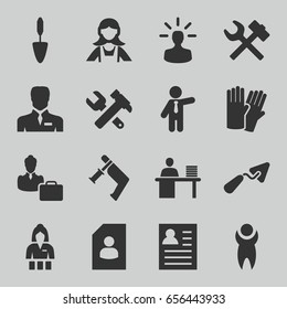 Worker icons set. set of 16 worker filled icons such as glove, casino girl, maid, businessman, trowel, hummer and wrench, nail gun, man working at the table