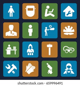 Worker icons set. set of 16 worker filled icons such as casino girl, gloves, maid, hummer and wrench, nail gun, welding glasses, welder mask, garden hammer, businessman, man