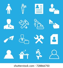 Worker icons set. set of 16 worker filled and outline icons such as maid, trowel, businessman, man sleeping on table, woman consultant with case, casino girl