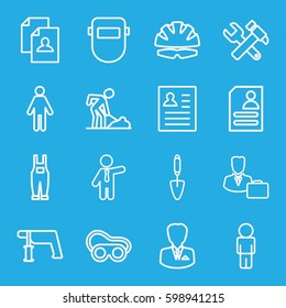 worker icons set. Set of 16 worker outline icons such as businessman, resume, hummer and wrench, nail gun, welding glasses, digging man, welder mask, trowel, gardener jumpsuit