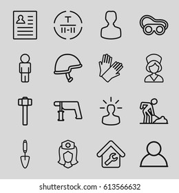 Worker icons set. set of 16 worker outline icons such as gloves, nail gun, welding glasses, digging man, trowel, garden hammer, nurse, cargo terminal, helmet, home repair