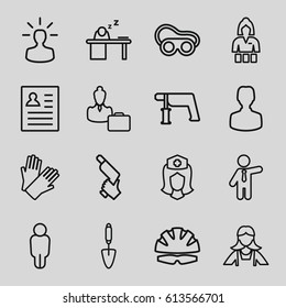 Worker icons set. set of 16 worker outline icons such as Casino girl, gloves, maid, businessman, nail gun, welding glasses, trowel, nurse, man sleeping on table