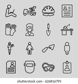 Worker icons set. set of 16 worker outline icons such as glove, Casino girl, trowel, crane, welding glasses, welder mask, resume, nurse, clipboard, man sleeping on table