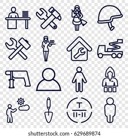 Worker icons set. set of 16 worker outline icons such as casino girl, maid, hummer and wrench, crane, nail gun, trowel, cargo terminal, man, helmet, man working at the table