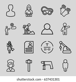 Worker icons set. set of 16 worker outline icons such as casino girl, gloves, maid, businessman, crane, nail gun, welding glasses, digging man, garden hammer, resume