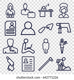 Worker icons set. set of 16 worker outline icons such as casino girl, trowel, nail gun, digging man, garden hammer, resume, businessman, nurse, man sleeping on table