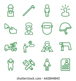 Worker icons set. set of 16 worker outline icons such as maid, worker, hummer and wrench, crane, nail gun, trowel, welder mask, garden hammer, resume, man, helmet, nurse