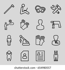 Worker icons set. set of 16 worker outline icons such as glove, gloves, hummer and wrench, crane, nail gun, welding glasses, garden hammer, gardener jumpsuit, man, businessman