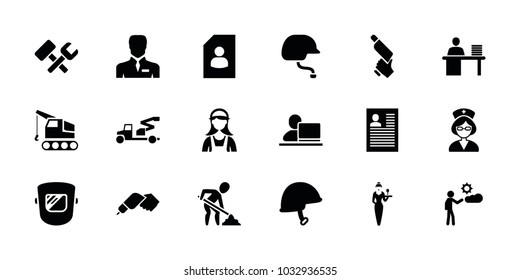Worker icons. set of 18 editable filled worker icons: nail gun, resume, businessman, man, helmet, nurse, man working at the table, casino girl, maid, crane, welder mask