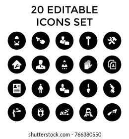 Worker icons. set of 20 editable filled worker icons such as maid, resume, trowel, nail gun, man, garden hammer, nurse, businessman, home repair, male consultant   with case