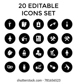 Worker icons. set of 20 editable filled worker icons such as glove, casino girl, gloves, man with laptop, trowel. best quality worker elements in trendy style.
