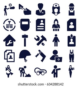 Worker icons set. set of 25 worker filled icons such as casino girl, maid, businessman, resume, man with laptop, worker, hummer and wrench, nail gun, trowel, welding glasses
