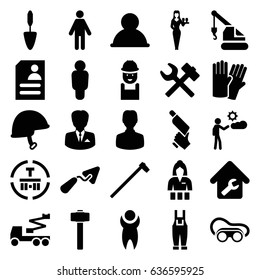 Worker icons set. set of 25 worker filled icons such as glove, casino girl, trowel, worker, crane, nail gun, welding glasses, garden hammer, gardener jumpsuit, resume