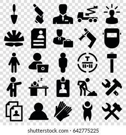Worker icons set. set of 25 worker filled icons such as gloves, businessman, resume, man with laptop, hummer and wrench, crane, nail gun, digging man, welder mask, trowel