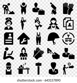 Worker icons set. set of 25 worker filled icons such as glove, casino girl, gloves, maid, resume, worker, nail gun, trowel, digging man, garden hammer, gardener jumpsuit
