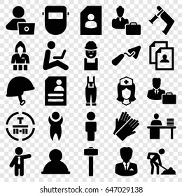 Worker icons set. set of 25 worker filled icons such as casino girl, gloves, businessman, resume, man with laptop, trowel, worker, nail gun, digging man, welder mask