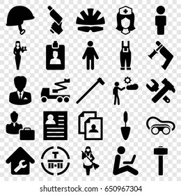 Worker icons set. set of 25 worker filled icons such as casino girl, maid, resume, hummer and wrench, crane, nail gun, welding glasses, trowel, garden hammer