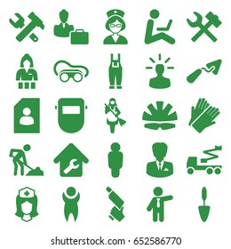 Worker icons set. set of 25 worker filled icons such as casino girl, gloves, maid, businessman, trowel, hummer and wrench, crane, nail gun, welding glasses, digging man