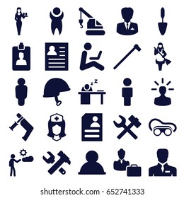 Worker icons set. set of 25 worker filled icons such as casino girl, maid, hammer and wrench, crane, nail gun, welding glasses, trowel 