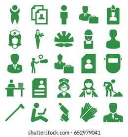 Worker icons set. set of 25 worker filled icons such as casino girl, gloves, maid, resume, worker, nail gun, digging man, welder mask, garden hammer, nurse, businessman, man