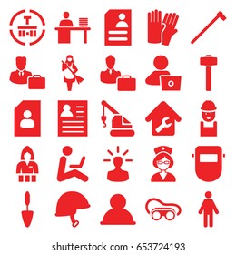 Worker icons set. set of 25 worker filled icons such as glove, casino girl, maid, man with laptop, worker, crane, welding glasses, welder mask, trowel, garden hammer, resume