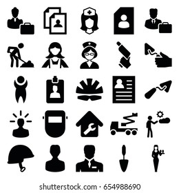 Worker icons set. set of 25 worker filled icons such as casino girl, maid, resume, trowel, crane, nail gun, digging man, welder mask, nurse, businessman, man, helmet