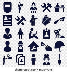 Worker icons set. set of 25 worker filled icons such as casino girl, gloves, businessman, resume, trowel, worker, hummer and wrench, digging man, welder mask, man, helmet
