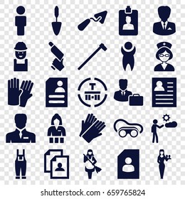 Worker icons set. set of 25 worker filled icons such as glove, casino girl, gloves, maid, resume, trowel, worker, nail gun, welding glasses, garden hammer, gardener jumpsuit