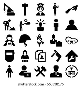 Worker icons set. set of 25 worker filled icons such as casino girl, maid, resume, man with laptop, trowel, crane, nail gun, welding glasses, digging man, welder mask