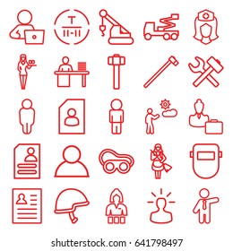 Worker icons set. set of 25 worker outline icons such as casino girl, maid, businessman, man with laptop, crane, welding glasses, welder mask, garden hammer, resume, nurse