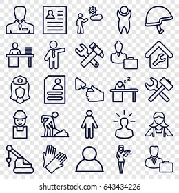 Worker icons set. set of 25 worker outline icons such as casino girl, gloves, maid, businessman, worker, hummer and wrench, crane, trowel, digging man, resume, nurse, man