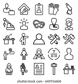 Worker icons set. set of 25 worker outline icons such as glove, casino girl, maid, businessman, hummer and wrench, crane, nail gun, welding glasses, garden hammer