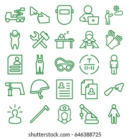 Worker icons set. set of 25 worker outline icons such as gloves, maid, resume, man with laptop, trowel, crane, nail gun, welding glasses, welder mask, garden hammer