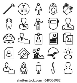 Worker icons set. set of 25 worker outline icons such as casino girl, gloves, businessman, resume, digging man, welder mask, trowel, garden hammer, nurse, cargo terminal