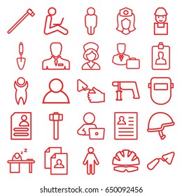 Worker icons set. set of 25 worker outline icons such as resume, man with laptop, trowel, worker, nail gun, welder mask, garden hammer, nurse, businessman, helmet, clipboard