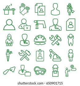 Worker icons set. set of 25 worker outline icons such as casino girl, gloves, maid, resume, man with laptop, trowel, worker, hummer and wrench, crane, nail gun