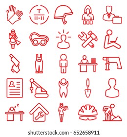 Worker icons set. set of 25 worker outline icons such as casino girl, gloves, maid, hummer and wrench, crane, nail gun, welding glasses, digging man, trowel, gardener jumpsuit