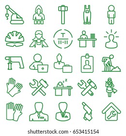 Worker icons set. set of 25 worker outline icons such as glove, casino girl, gloves, maid, man with laptop, hummer and wrench, crane, nail gun, digging man, garden hammer